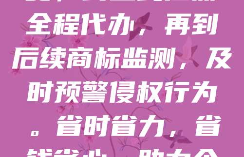 268元，即可享受商标注册、查询与监控的一站式服务！我们提供专业高效的商标申请流程，确保您的品牌权益得到全面保护。从初步查询避免重复，到正式注册全程代办，再到后续商标监测，及时预警侵权行为。省时省力，省钱省心，助力企业打造专属品牌。无论您是初创公司还是成熟企业，我们都为您提供高性价比的知识产权解决方案，让商标保护变得更简单、更可靠！
