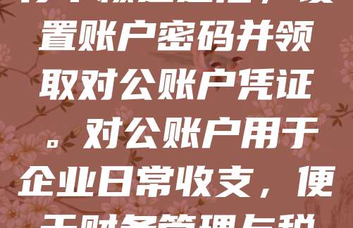 公司注册完成后，需携带相关材料前往银行开设对公账户。首先准备营业执照、法人身份证、公章、财务章等资料。选择银行后填写开户申请表，并签署相关协议。银行审核通过后，设置账户密码并领取对公账户凭证。对公账户用于企业日常收支，便于财务管理与税务申报。建议选择本地银行，便于后续业务办理。注意保管好账户信息，避免泄露。开设对公账户是企业正常运营的重要步骤，有助于提升企业信用与合规性。
