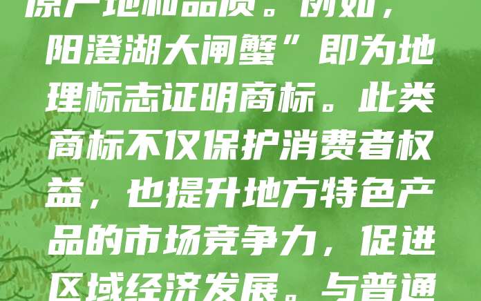 地理标志证明商标是用于标识某产品来源于特定地区，且其质量、声誉或其他特性主要取决于该地区的自然或人文因素的专用标志。它由具有监督能力的组织申请注册，用于证明产品的原产地和品质。例如，“阳澄湖大闸蟹”即为地理标志证明商标。此类商标不仅保护消费者权益，也提升地方特色产品的市场竞争力，促进区域经济发展。与普通商标不同，地理标志证明商标强调产品的地域属性和独特品质，具有较强的公共性和排他性。在中国，地理标志证明商标受商标法保护，是推动乡村振兴和品牌建设的重要工具。