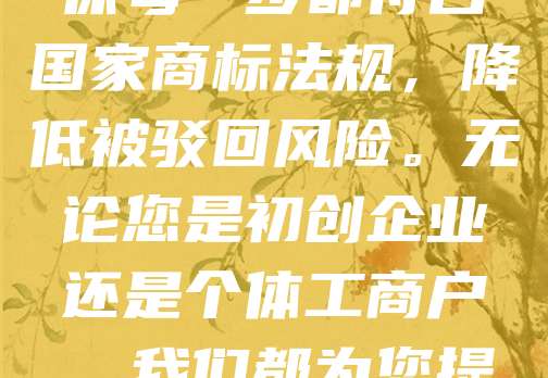 268元商标注册，专业律师审核，100%合规！我们提供高效、安全的商标注册服务，费用透明，全程无忧。由资深律师团队严格审核申请材料，确保每一步都符合国家商标法规，降低被驳回风险。无论您是初创企业还是个体工商户，我们都为您提供一站式解决方案，助力品牌保护。快速申请、专业保障，让您的商标顺利通过审查，安心使用。选择我们，省心又省力，为您的品牌保驾护航！