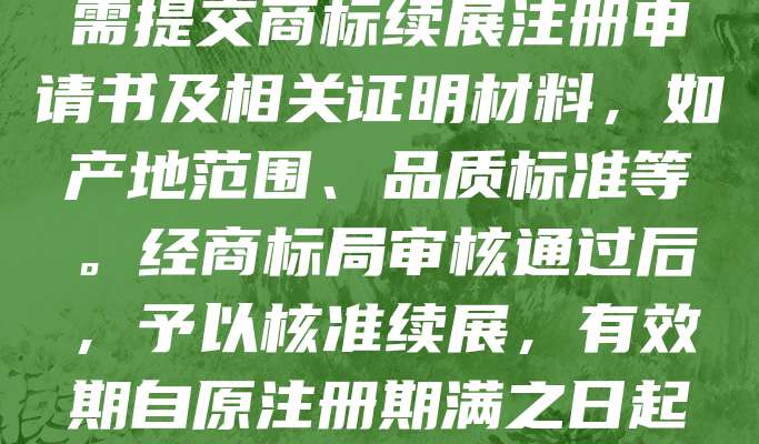 地理标志商标续展是保持其法律保护的重要环节。注册人应在有效期届满前12个月内申请续展，逾期未办理可给予6个月宽限期。申请时需提交商标续展注册申请书及相关证明材料，如产地范围、品质标准等。经商标局审核通过后，予以核准续展，有效期自原注册期满之日起计算。续展流程简便，但需注意时间节点，避免因过期导致权利丧失。正确办理续展，有助于维护地方特色产品的市场竞争力和品牌价值。