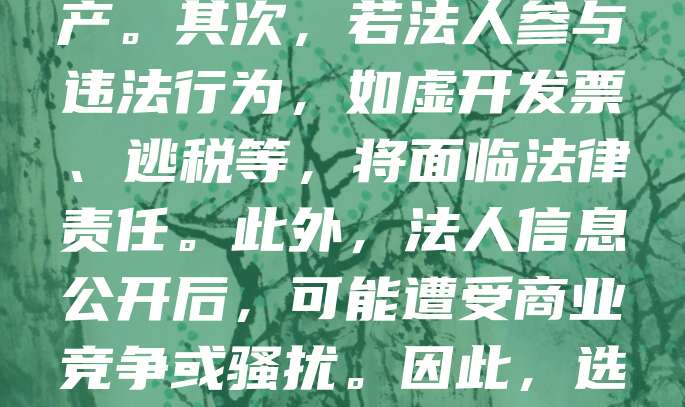 公司注册法人存在一定的法律风险。首先，法人需对公司的债务承担无限责任，若公司经营不善，可能影响个人财产。其次，若法人参与违法行为，如虚开发票、逃税等，将面临法律责任。此外，法人信息公开后，可能遭受商业竞争或骚扰。因此，选择法人时应谨慎，确保其具备相应资质与诚信。建议在注册前咨询专业律师，明确权利义务，降低潜在风险。