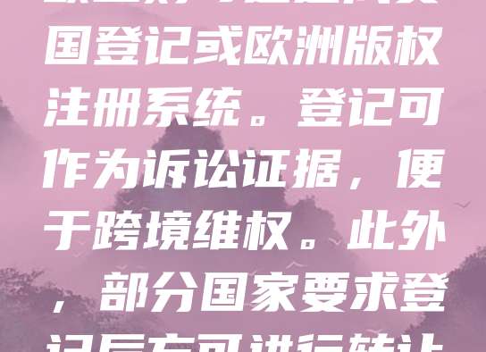 国际版权交易中,登记是保障权利的重要环节。尽管版权自作品创作完成即自动产生,但登记有助于明确权属、增强法律效力。不同国家对登记要求各异,例如美国需向版权局注册,欧盟则可通过成员国登记或欧洲版权注册系统。登记可作为诉讼证据,便于跨境维权。此外,部分国家要求登记后方可进行转让或许可。为确保交易安全,建议在签订合同前完成相关登记,并保留完整文件。同时,了解目标国的法律差异,必要时寻求专业法律支持,以降低交易风险,保障各方权益。