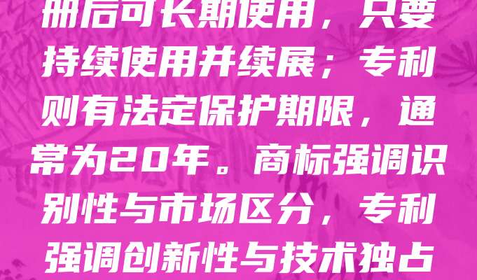 商标与专利都是知识产权的重要组成部分，但保护对象不同。商标用于区分商品或服务的来源，如品牌名称、标志等；而专利则保护技术创新，如发明、实用新型和外观设计。商标注册后可长期使用，只要持续使用并续展；专利则有法定保护期限，通常为20年。商标强调识别性与市场区分，专利强调创新性与技术独占。两者均需通过官方审查获得法律保护，但适用领域和权利内容截然不同。企业在发展过程中应根据自身需求，合理选择商标或专利进行保护，以维护自身合法权益。