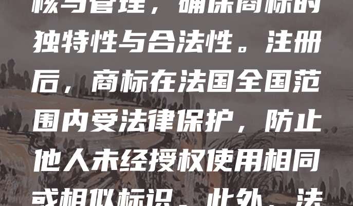 法国商标分类遵循尼斯协定，将商品和服务分为45个类别。申请人需根据其业务范围选择相应类别进行注册。第1至34类为商品类，第35至45类为服务类。法国商标局（INPI）负责审核与管理，确保商标的独特性与合法性。注册后，商标在法国全国范围内受法律保护，防止他人未经授权使用相同或相似标识。此外，法国作为欧盟成员国，商标注册可延伸至整个欧盟。正确分类有助于提升商标保护效力，避免侵权风险。建议申请人在注册前咨询专业代理，确保分类准确，提高注册成功率。